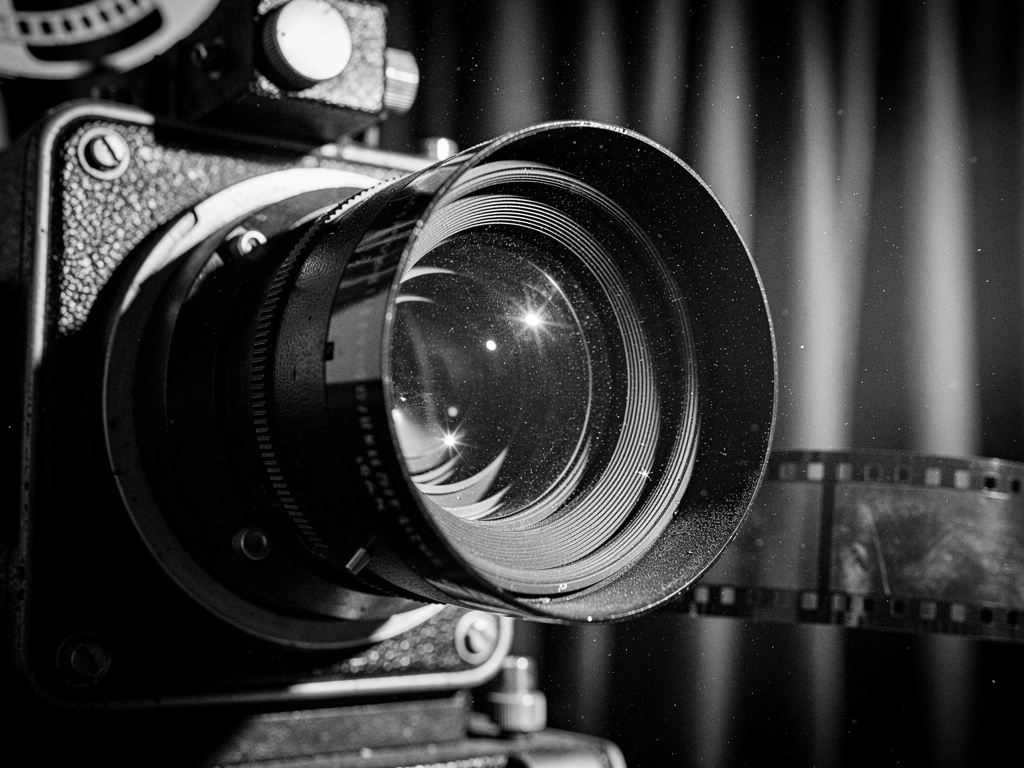 Close-up of a vintage 35mm film projector lens